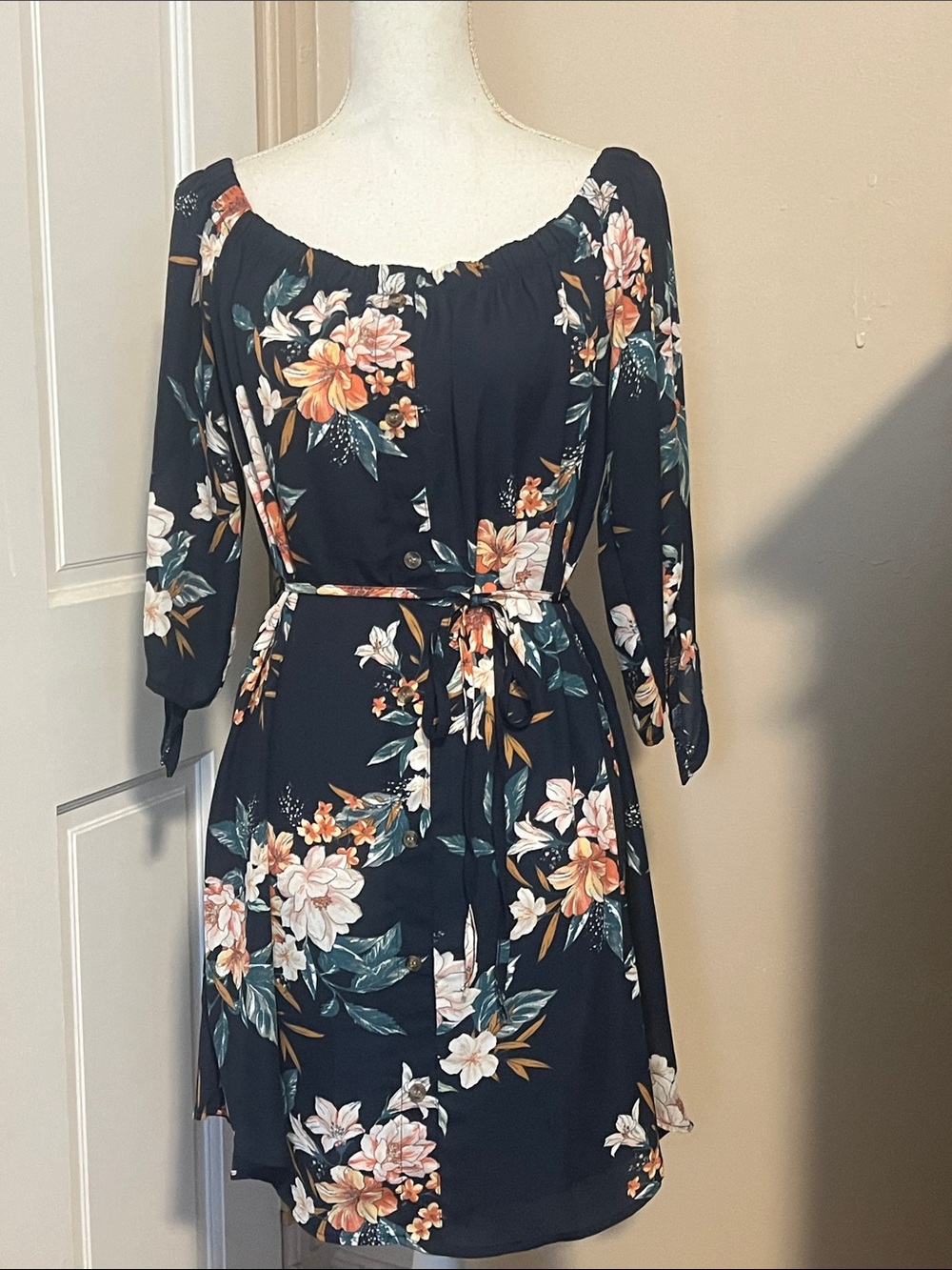 Rue21 Black Floral Off-Shoulder Belted Midi Dress